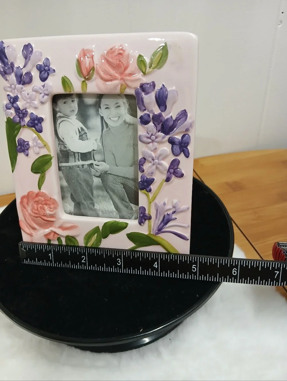 Floral Ceramic Picture Frame in Pink and Purple Holds 3x4 Picture